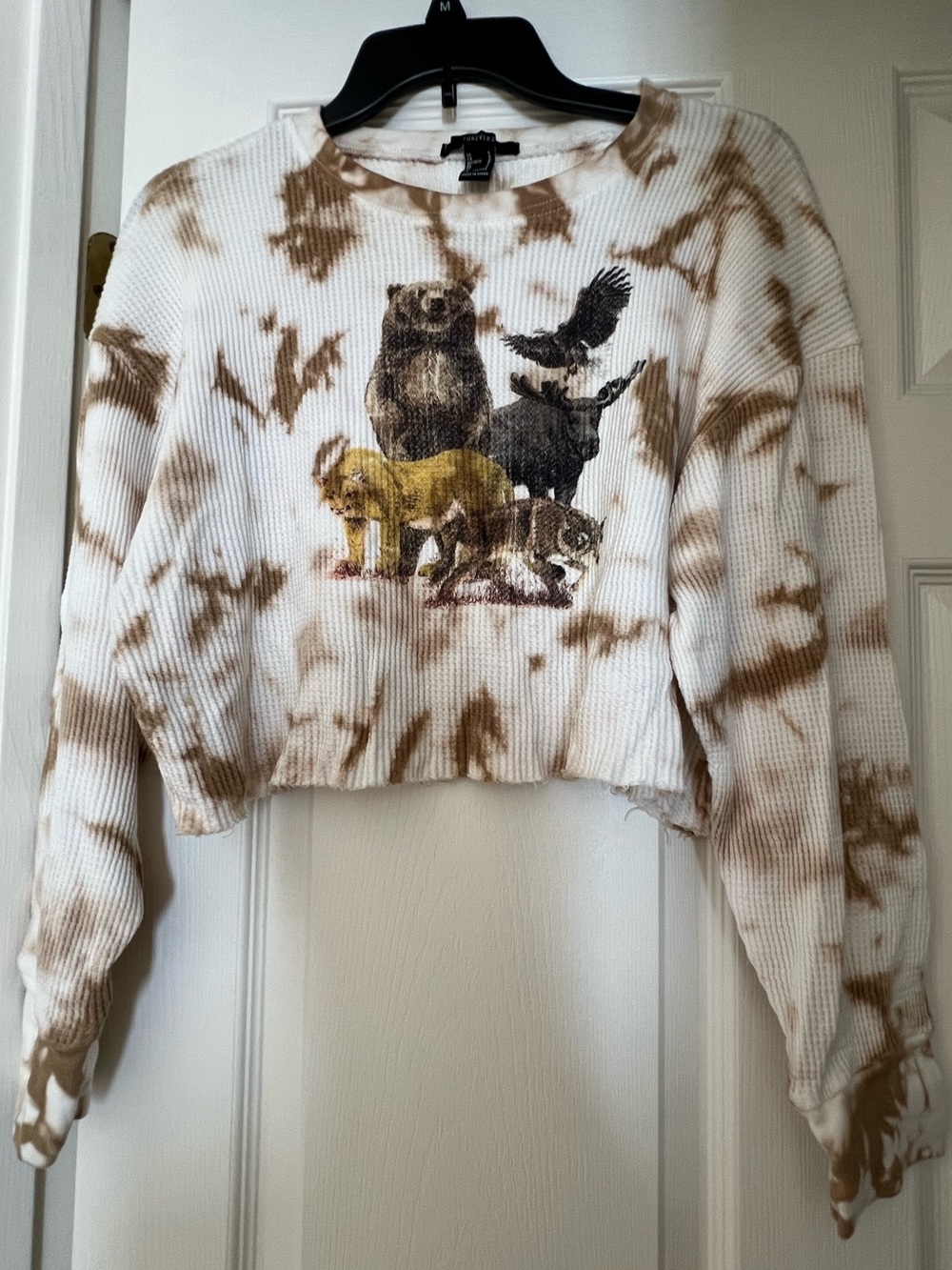 Forever 21 White & Brown Tie-Dye Animal Graphic Cropped Shirt